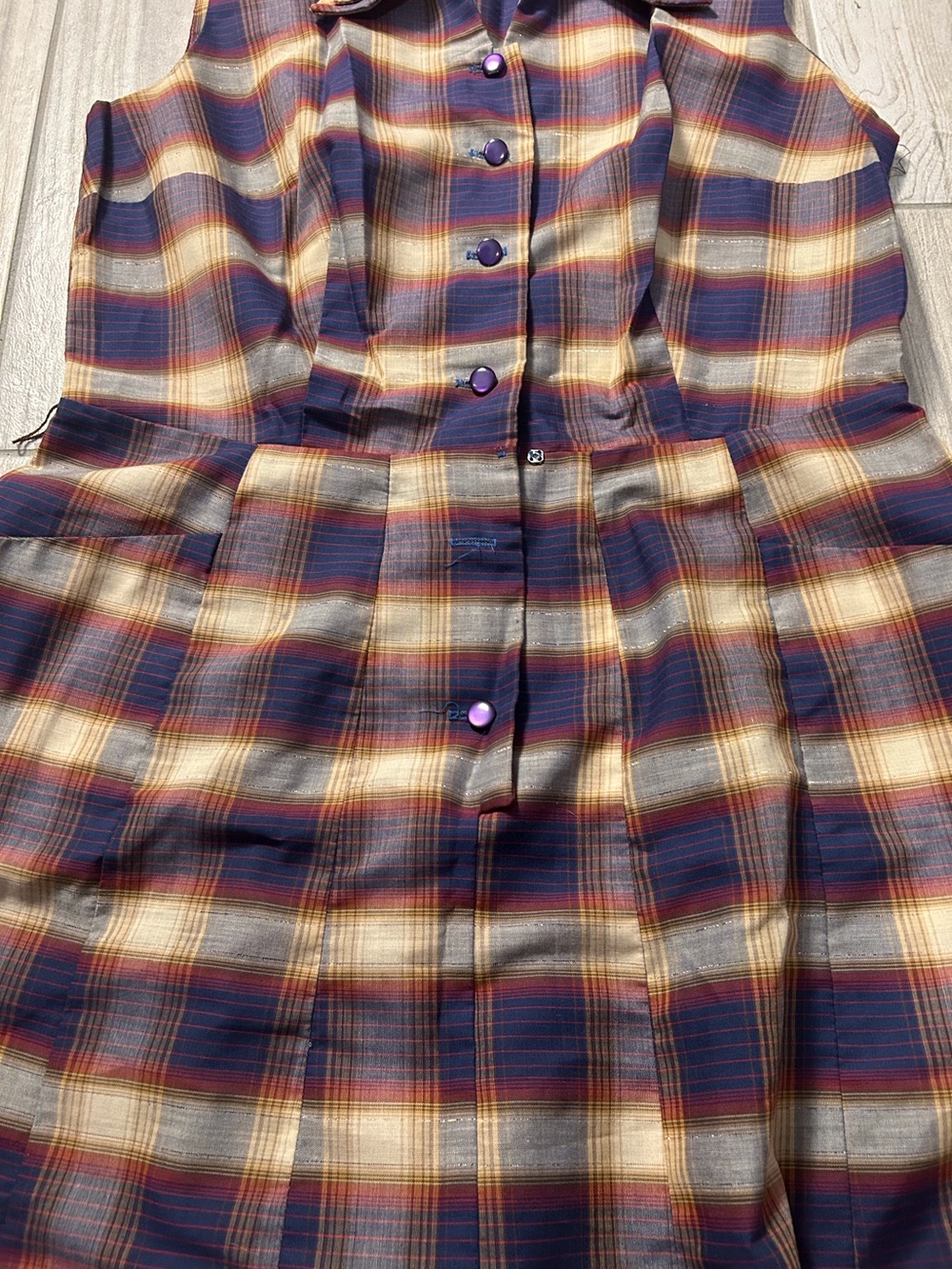 Vintage 60’s Sleeveless Plaid Button-Front Dress Navy Brown Retro Plaid Timeless - Picture 3 of 10